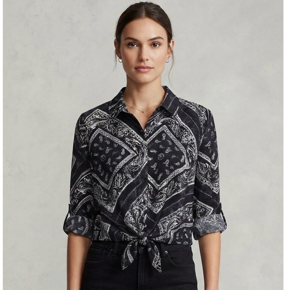 Simply Vera Vera Wang Bandana Paisley Tie Front Roll Tab Shirt Blue White M